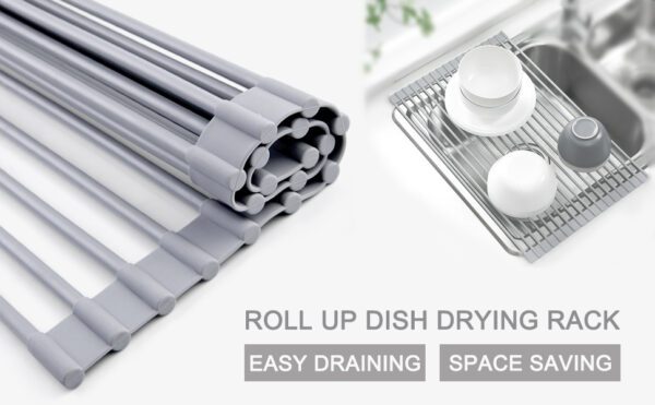 Roll Up Dish Drying Rack, Over The Sink Dish Drying Rack Kitchen Rolling Dish Drainer, Foldable Sink Rack Mat Stainless Steel Wi - Image 2