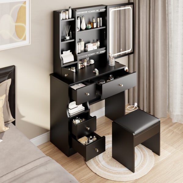 Left drawer desktop vanity+cushioned stool, 2 AC+2 USB power stations, touch sliding LED mirror, tri color switch - Image 9
