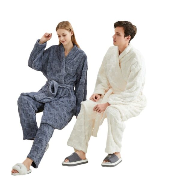 Long couple pajamas in European and American plus size loose coral fleece soft and fluffy home suit set can be worn outside - Image 5