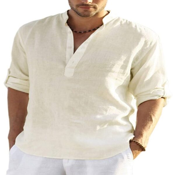 Mens Linen Long Sleeved T Shirt Loose Sweatshirt Solid Color Long Sleeved Cotton Linen Shirt Mens Large - Image 8