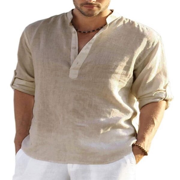Mens Linen Long Sleeved T Shirt Loose Sweatshirt Solid Color Long Sleeved Cotton Linen Shirt Mens Large - Image 9