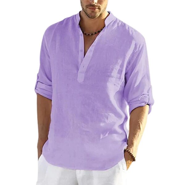 Mens Linen Long Sleeved T Shirt Loose Sweatshirt Solid Color Long Sleeved Cotton Linen Shirt Mens Large - Image 4